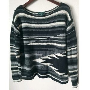 LRL Lauren Jeans Co Southwest Design Knit Pullover‎ Sweater Striped Blues Size L